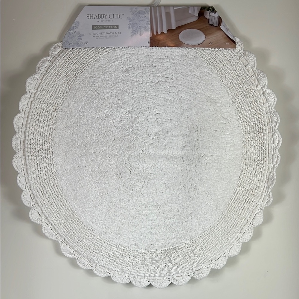 Shabby Chic Crochet Bath Mat Rug 100% Cotton White 26" Round Reversible NEW